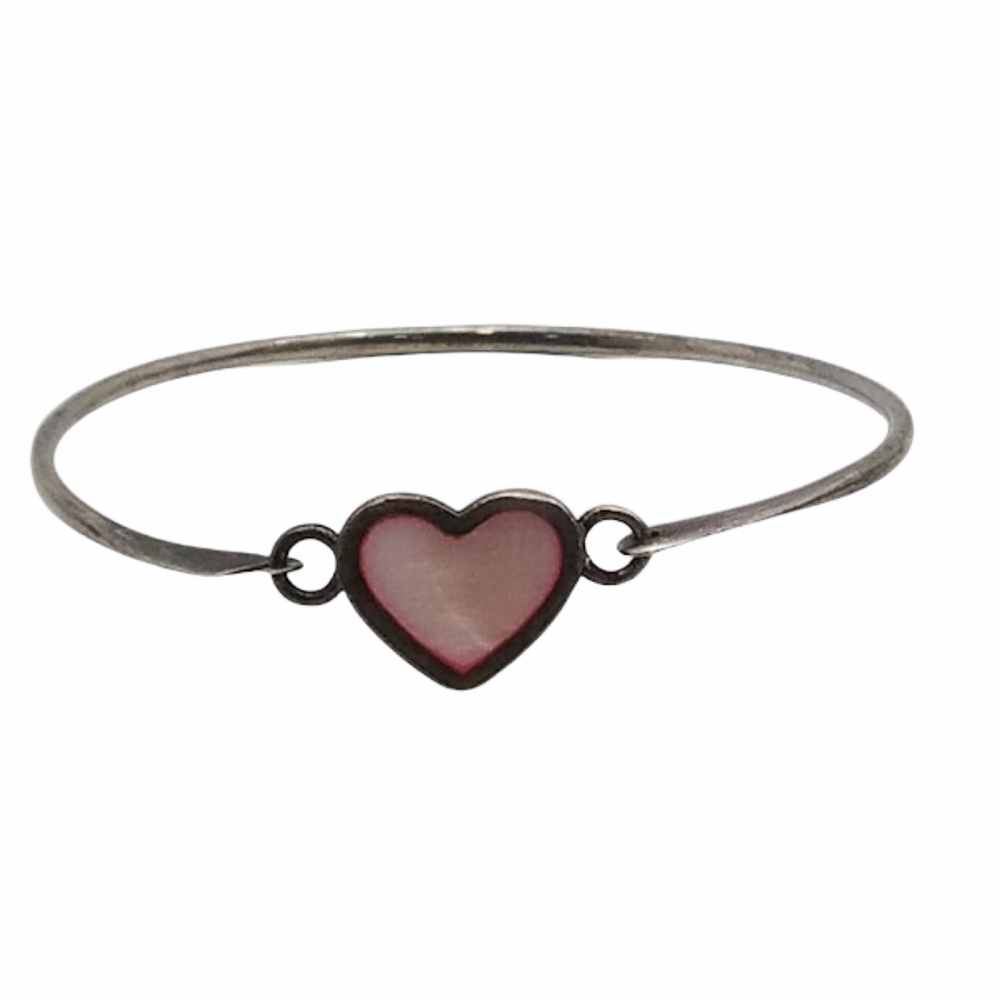 Vintage Heart Sterling Pink Shell MOP inlaid Bangle Bracelet 925 signed delicate